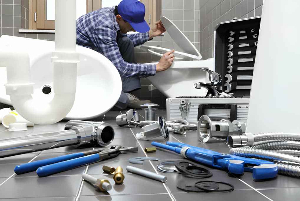 plombier a le oeuvre dans une salle de bain plomberie sanitaire service de reparation